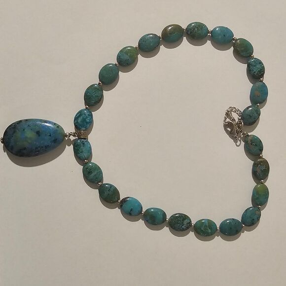 Turquoise Nugget Bead Necklace Oval Pendant Sterling Silver Clasp Southwestern - Picture 5 of 5